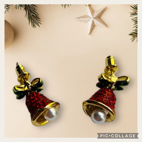 NEW Xmas Red & Green Rhinestone Pearl Bell Post Earrings - Picture 6 of 13
